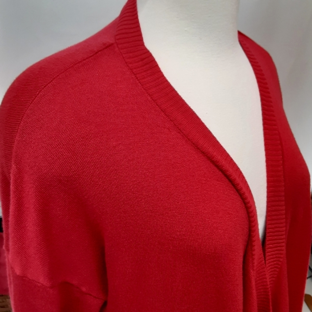 Chico's shawl collar open tunic cardigan tight knit rayon sweater Red like new